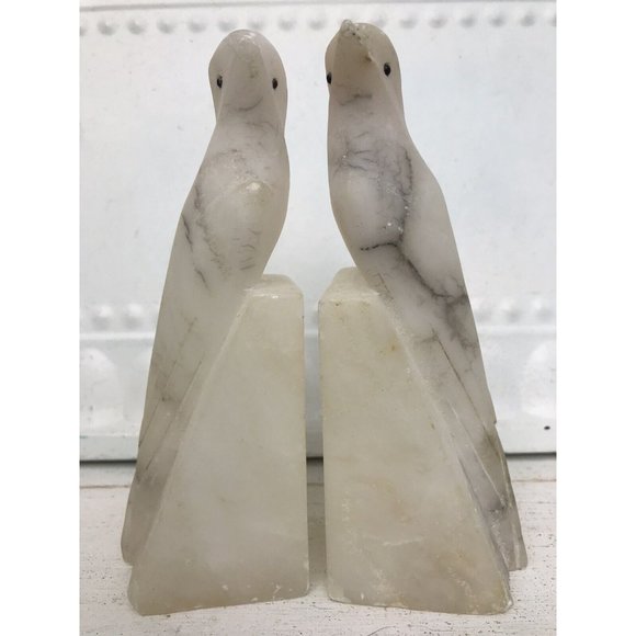 Vtg Art Deco Italian Alabaster Stone Parrot Bird Antq Hand Carved Bookends Luck - Picture 12 of 15